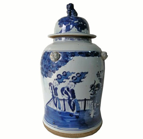 Blue and White Chinese Porcelain Ginger Jar With Hand Painted Playing Children - Dyag East