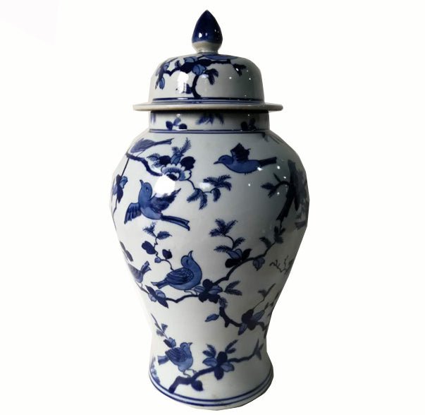 Blue and White Decorative Porcelain Ginger Jar With Birds on Tree - Dyag East