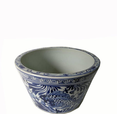 Blue and White Oriental Fish Bowl Planter - Dyag East