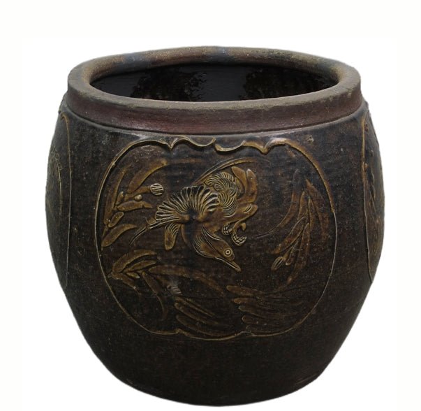 Dark Brown Glazed Earthenware Planter with Hand Painted Mystic Birds and Plants - Dyag East