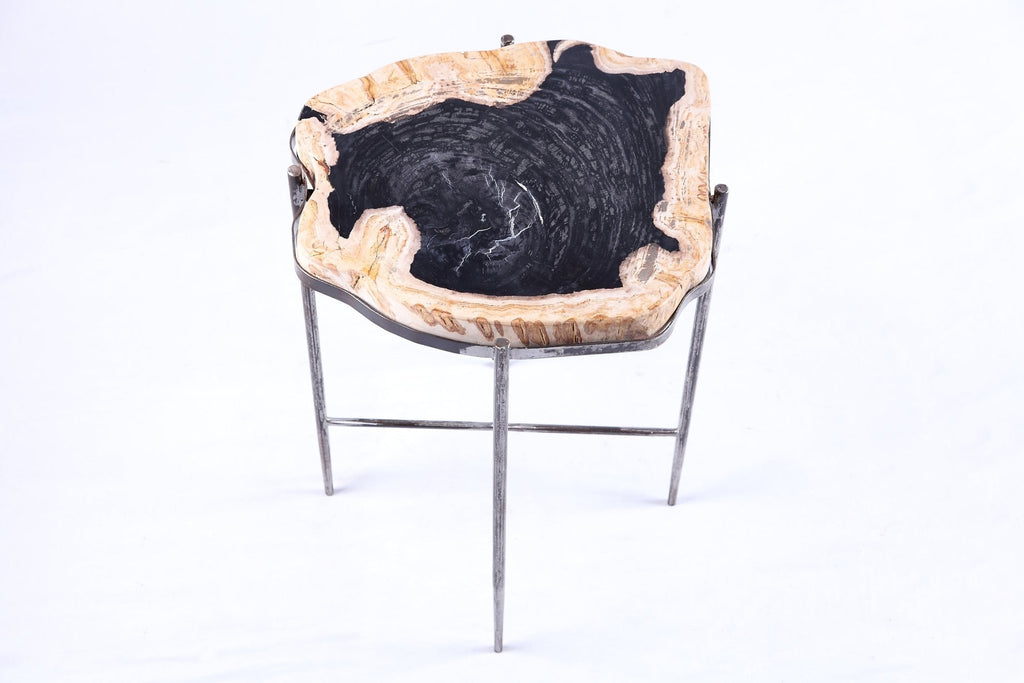 Living Edge Petrified Wood Top w Iron Stand Accent Table or Side Table 43 - Dyag East