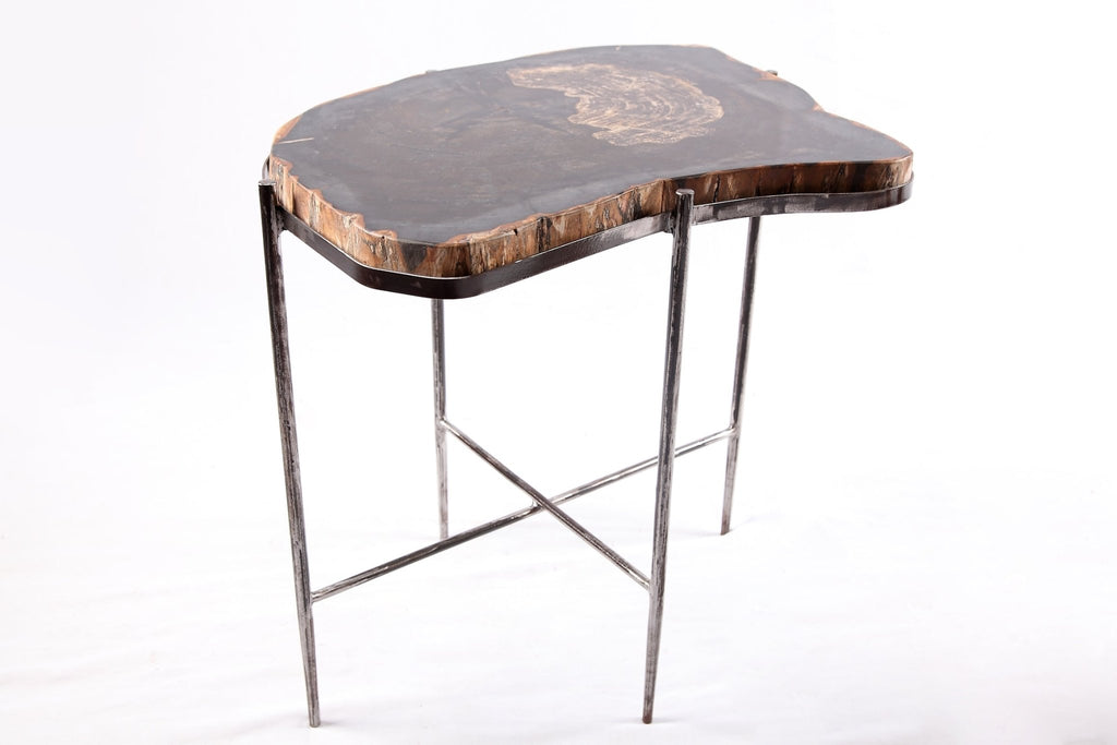 Living Edge Petrified Wood Top w Iron Stand Accent Table or Side Table 52 - Dyag East