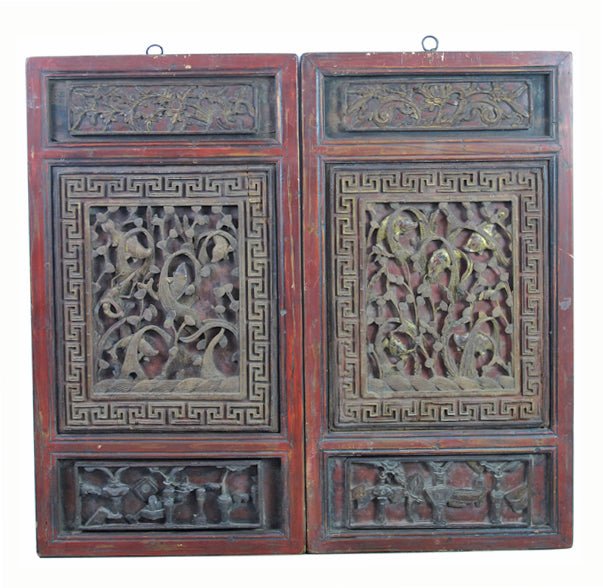 Pair of Hand Carved Antique Chinese Wall Hanging Panel - Dyag East