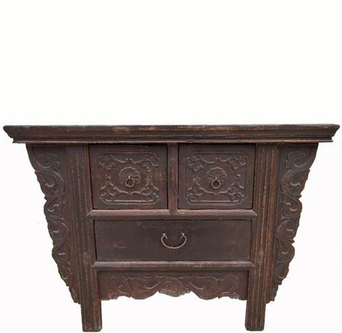 Reddish Brown Antique Chinese 3 Drawers Table - Dyag East