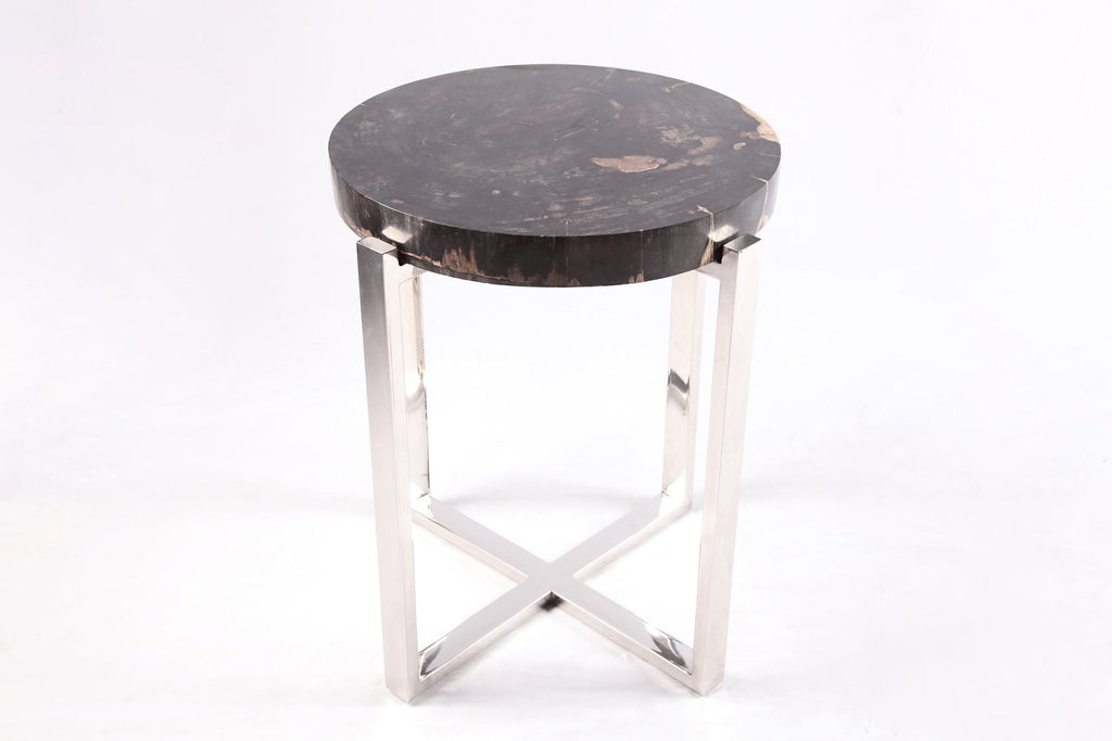 Round Petrified Wood Top w Stainless Steel Stand Accent Table or Side Table 65 - Dyag East