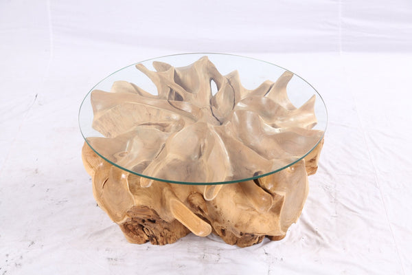 32” Inch Diameter Sculptured Teak Root Round Coffee Table - Dyag East