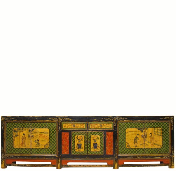 9 Feet Long Hand Painted Antique Asian Sideboard - Dyag East