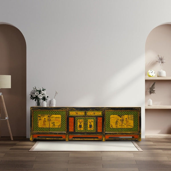 9 Feet Long Hand Painted Antique Asian Sideboard - Dyag East