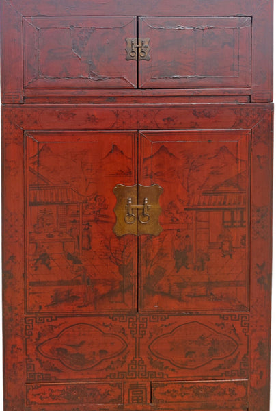 96" Tall Red Lacquer Antique Chinese Chinoiserie-Style Cabinet - Dyag East