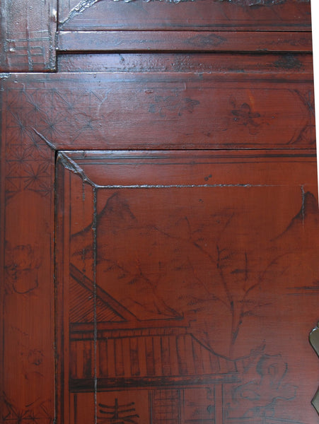 96" Tall Red Lacquer Antique Chinese Chinoiserie-Style Cabinet - Dyag East
