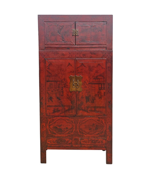 96" Tall Red Lacquer Antique Chinese Chinoiserie-Style Cabinet - Dyag East