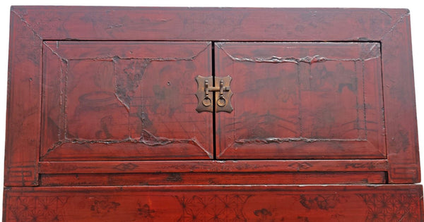 96" Tall Red Lacquer Antique Chinese Chinoiserie-Style Cabinet - Dyag East
