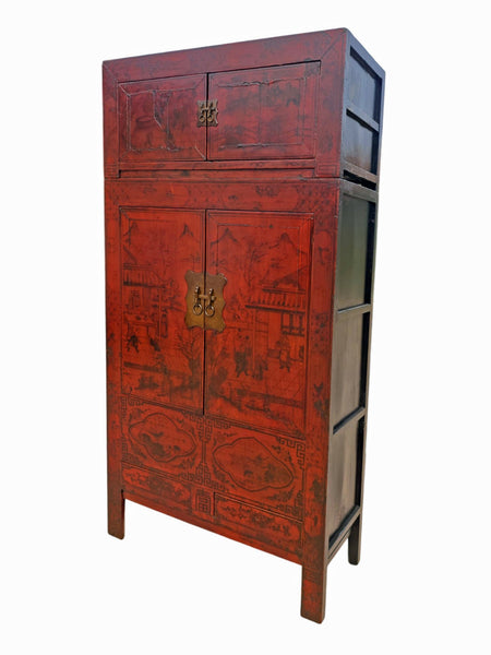 96" Tall Red Lacquer Antique Chinese Chinoiserie-Style Cabinet - Dyag East