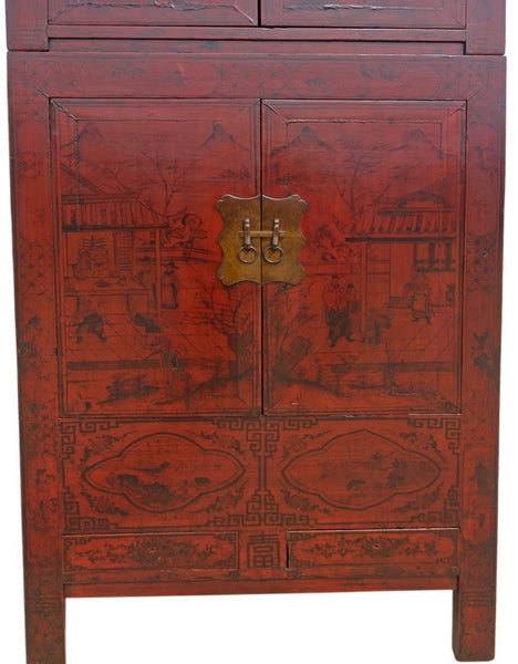 96" Tall Red Lacquer Antique Chinese Chinoiserie-Style Cabinet - Dyag East