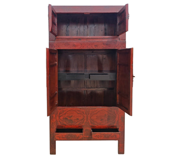 96" Tall Red Lacquer Antique Chinese Chinoiserie-Style Cabinet - Dyag East