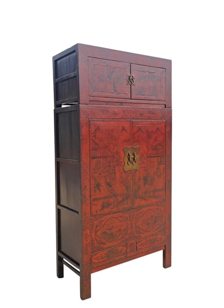 96" Tall Red Lacquer Antique Chinese Chinoiserie-Style Cabinet - Dyag East