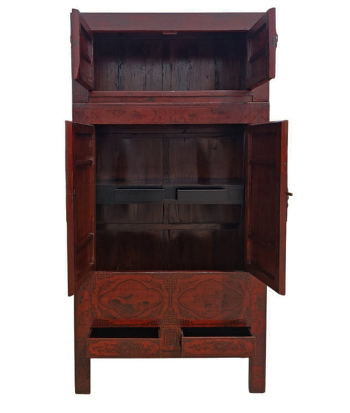 96" Tall Red Lacquer Antique Chinese Chinoiserie-Style Cabinet - Dyag East