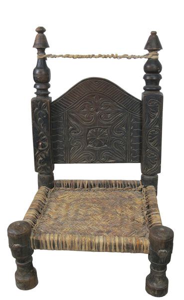 Vintage Rajasthani Charpoy Chair Set with Hand-Painted Bajot Table – Hand-Carved Indian Rosewood, 1980s