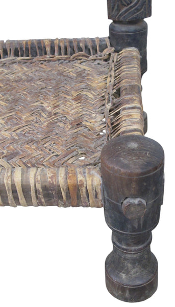 Vintage Rajasthani Charpoy Chair Set with Hand-Painted Bajot Table – Hand-Carved Indian Rosewood, 1980s