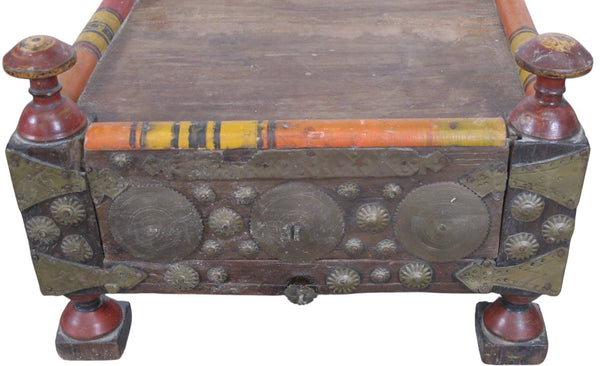 Vintage Rajasthani Charpoy Chair Set with Hand-Painted Bajot Table – Hand-Carved Indian Rosewood, 1980s