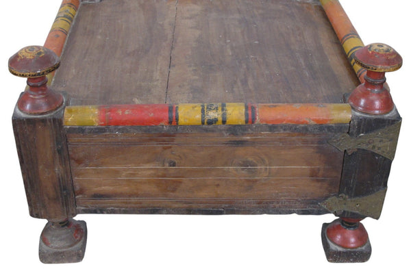 Vintage Rajasthani Charpoy Chair Set with Hand-Painted Bajot Table – Hand-Carved Indian Rosewood, 1980s