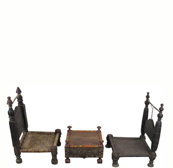 Vintage Rajasthani Charpoy Chair Set with Hand-Painted Bajot Table – Hand-Carved Indian Rosewood, 1980s
