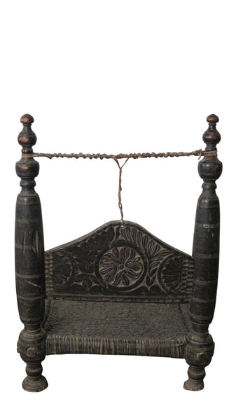 Vintage Rajasthani Charpoy Chair Set with Hand-Painted Bajot Table – Hand-Carved Indian Rosewood, 1980s