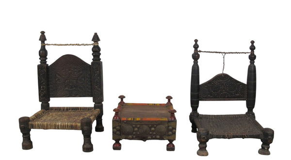 Vintage Rajasthani Charpoy Chair Set with Hand-Painted Bajot Table – Hand-Carved Indian Rosewood, 1980s
