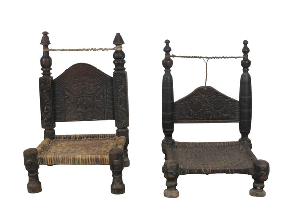 Vintage Rajasthani Charpoy Chair Set with Hand-Painted Bajot Table – Hand-Carved Indian Rosewood, 1980s