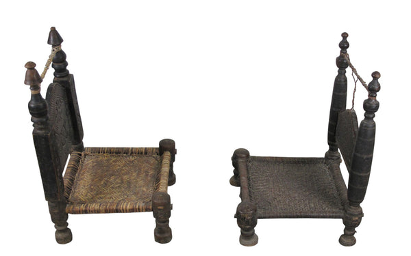 Vintage Rajasthani Charpoy Chair Set with Hand-Painted Bajot Table – Hand-Carved Indian Rosewood, 1980s