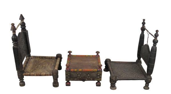 Vintage Rajasthani Charpoy Chair Set with Hand-Painted Bajot Table – Hand-Carved Indian Rosewood, 1980s