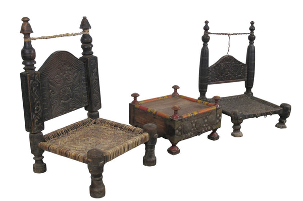 Vintage Rajasthani Charpoy Chair Set with Hand-Painted Bajot Table – Hand-Carved Indian Rosewood, 1980s