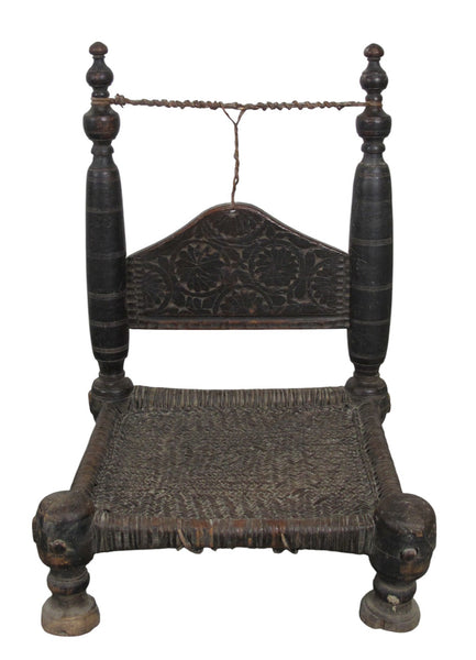 Vintage Rajasthani Charpoy Chair Set with Hand-Painted Bajot Table – Hand-Carved Indian Rosewood, 1980s