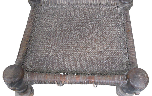 Vintage Rajasthani Charpoy Chair Set with Hand-Painted Bajot Table – Hand-Carved Indian Rosewood, 1980s