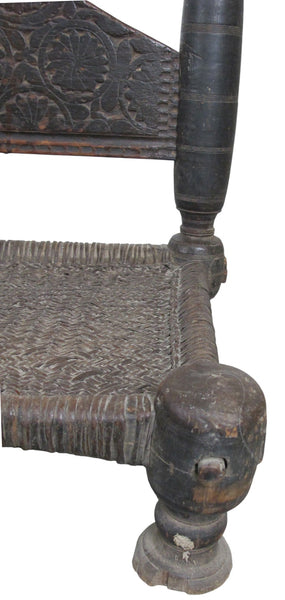 Vintage Rajasthani Charpoy Chair Set with Hand-Painted Bajot Table – Hand-Carved Indian Rosewood, 1980s