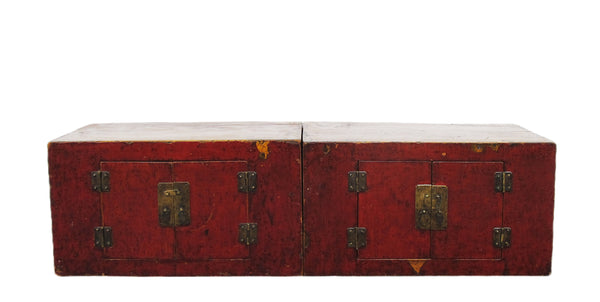 Pair Red Antique Cabinets