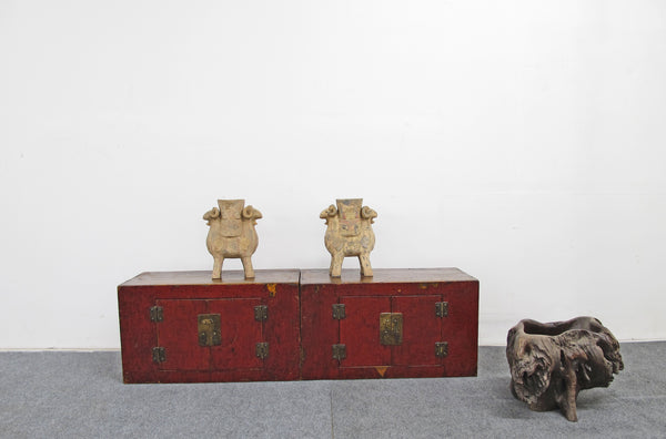 Pair Red Antique Cabinets
