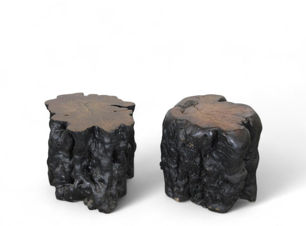 Black Lychee Living Edge Accent or Side Table or Stool, Pair