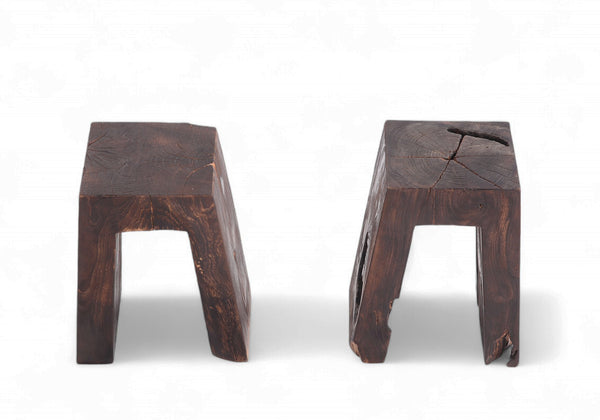Pair Sculptured Teak Accent or Side Table or Stool 13.2