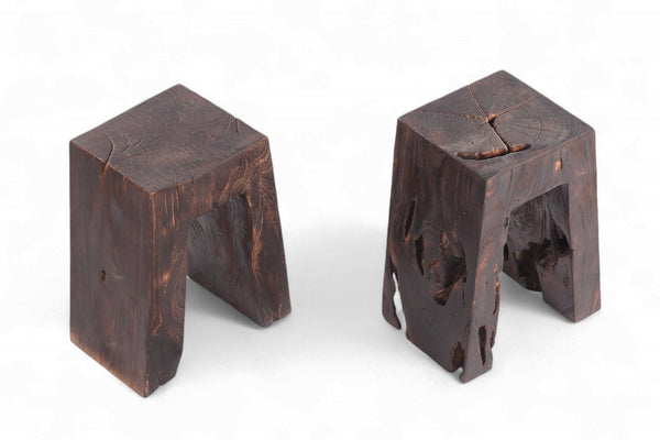 Pair Sculptured Teak Accent or Side Table or Stool 13.2
