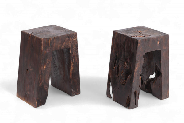 Pair Sculptured Teak Accent or Side Table or Stool 13.2
