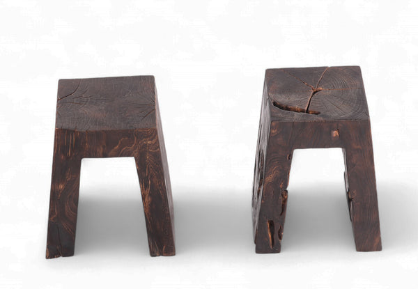 Pair Sculptured Teak Accent or Side Table or Stool 13.2