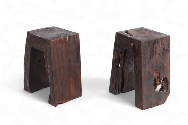 Pair Sculptured Teak Accent or Side Table or Stool 13.2