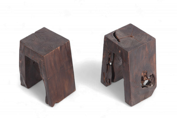 Pair Sculptured Teak Accent or Side Table or Stool 13.2