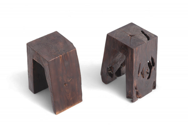 Pair Sculptured Teak Accent or Side Table or Stool 13.2