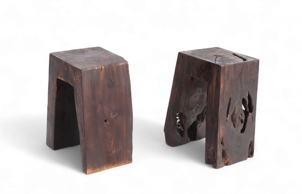 Pair Sculptured Teak Accent or Side Table or Stool 13.2