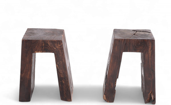 Pair Sculptured Teak Accent or Side Table or Stool 13.2