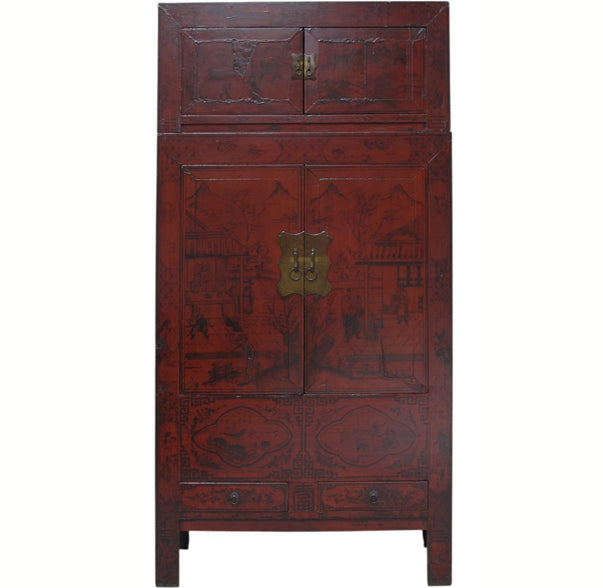96" Tall Red Lacquer Antique Chinese Chinoiserie-Style Cabinet