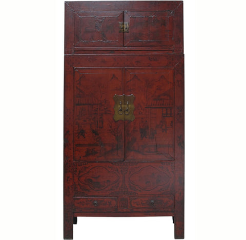 96" Tall Red Lacquer Antique Chinese Chinoiserie-Style Cabinet