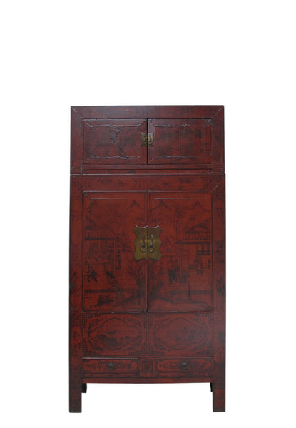96" Tall Red Lacquer Antique Chinese Chinoiserie-Style Cabinet
